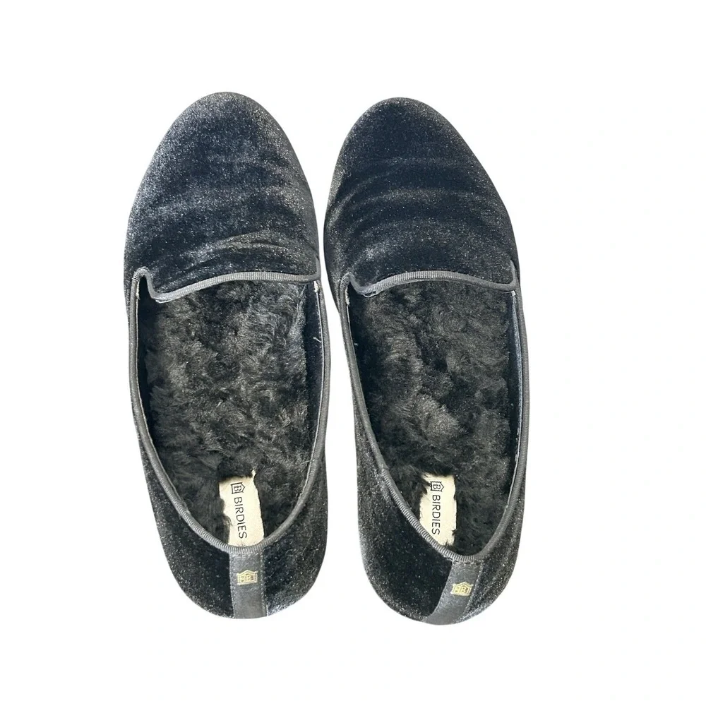 Birdies The Starling Black Velvet Loafers Faux Fur Lined Smoking Slippers 8.5